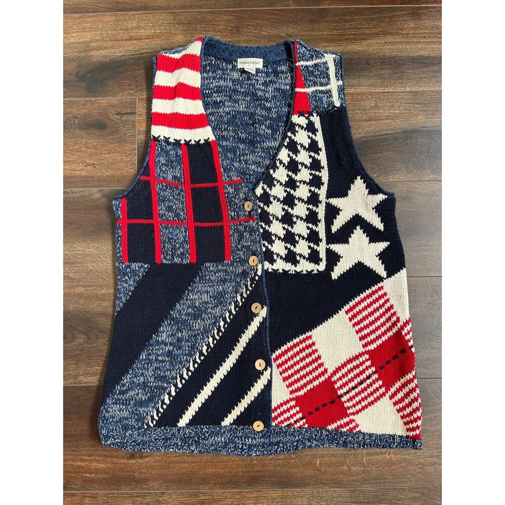 Vintage Adrian Jordan Sweater Vest Size 1X Stars Crochet Patchwork Patriotic